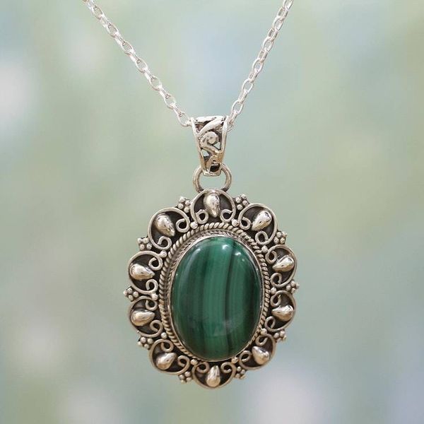 Alternate image for Malachite and Sterling Silver Pendant Necklace from India Sophisticated in Green