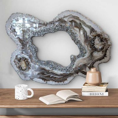 Alternate image for Large Brown Marble Resin Geode Freeform Sculpture Painting | Aura Quartz Glitter Irregular Neutral White Agate Original Signed Art 30
