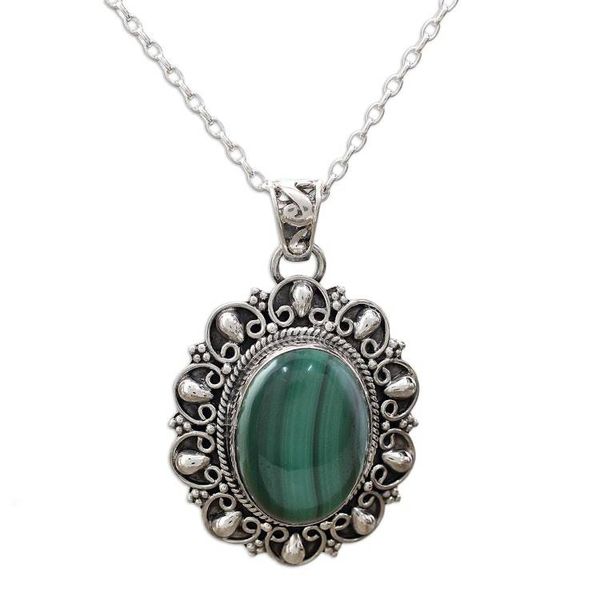 Alternate image for Malachite and Sterling Silver Pendant Necklace from India Sophisticated in Green