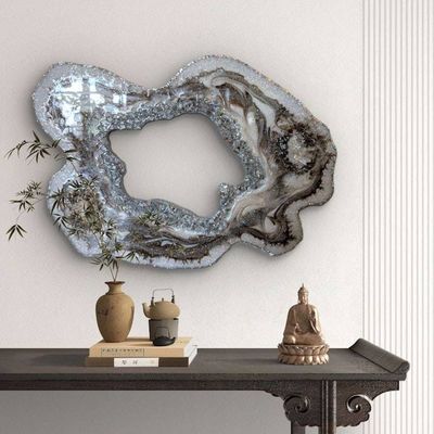 Alternate image for Large Brown Marble Resin Geode Freeform Sculpture Painting | Aura Quartz Glitter Irregular Neutral White Agate Original Signed Art 30