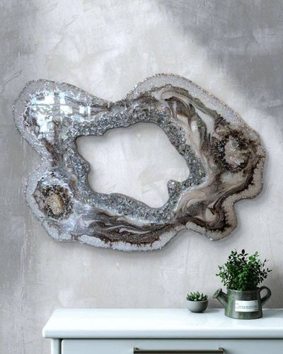 Alternate image for Large Brown Marble Resin Geode Freeform Sculpture Painting | Aura Quartz Glitter Irregular Neutral White Agate Original Signed Art 30