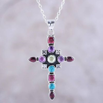 Alternate image for Multi-Gemstone Cross Pendant Necklace from India Faithful Fusion