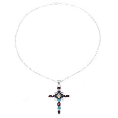 Alternate image for Multi-Gemstone Cross Pendant Necklace from India Faithful Fusion