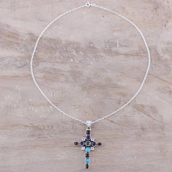 Alternate image for Multi-Gemstone Cross Pendant Necklace from India Faithful Fusion