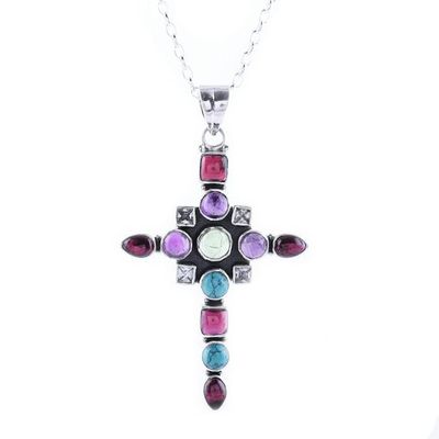 Alternate image for Multi-Gemstone Cross Pendant Necklace from India Faithful Fusion