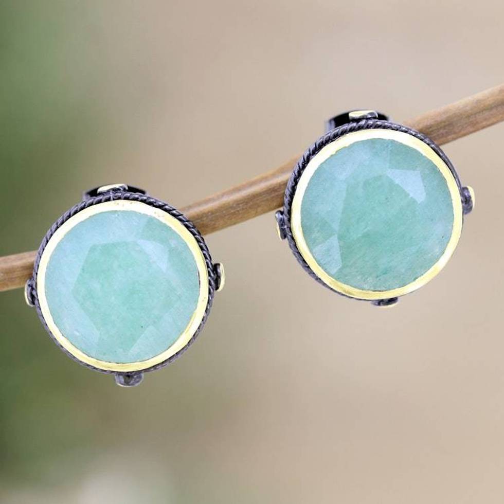 18k Gold-Accented Button Earrings with Natural Aventurine 'Leadership Mirrors'