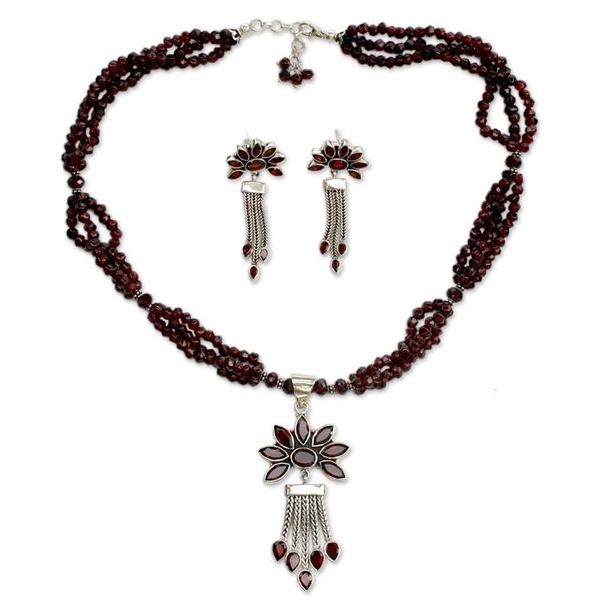 Alternate image for Fair Trade Sterling Silver Beaded Garnet Jewelry Set Daisy Passion