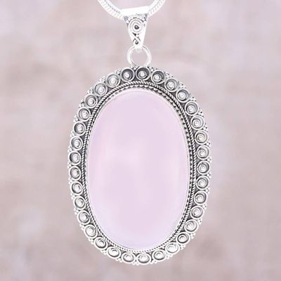 Alternate image for Large Oval Rose Quartz and Sterling Silver Pendant Necklace Fairest Beauty