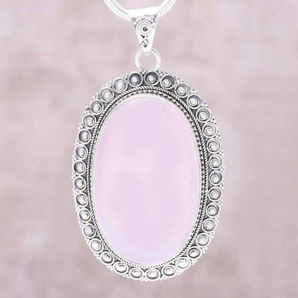 Large Oval Rose Quartz and Sterling Silver Pendant Necklace 'Fairest Beauty'