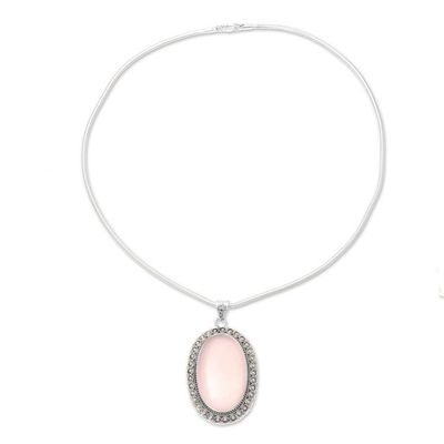 Alternate image for Large Oval Rose Quartz and Sterling Silver Pendant Necklace Fairest Beauty
