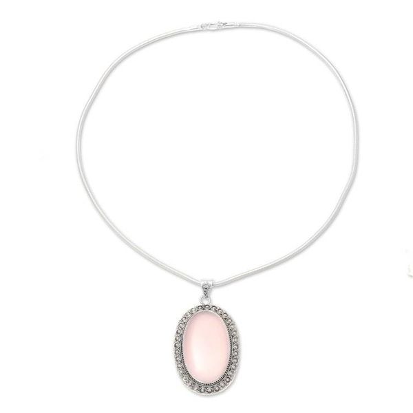 Alternate image for Large Oval Rose Quartz and Sterling Silver Pendant Necklace Fairest Beauty