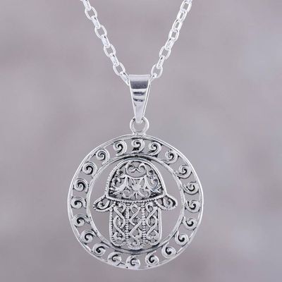 Alternate image for Sterling Silver Hamsa Motif Circular Pendant Necklace Encircled Hamsa