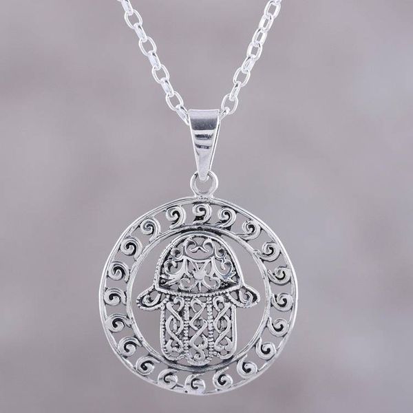 Alternate image for Sterling Silver Hamsa Motif Circular Pendant Necklace Encircled Hamsa