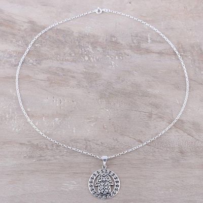 Alternate image for Sterling Silver Hamsa Motif Circular Pendant Necklace Encircled Hamsa