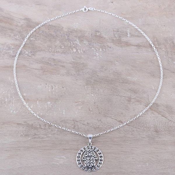 Alternate image for Sterling Silver Hamsa Motif Circular Pendant Necklace Encircled Hamsa