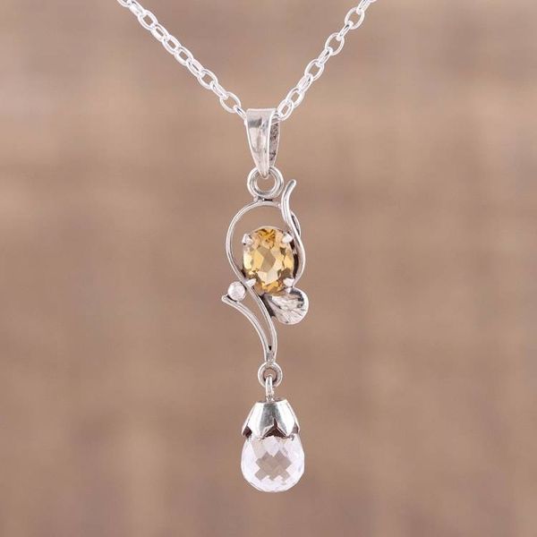 Alternate image for Leaf Motif Crystal and Citrine Pendant Necklace from India Golden Sunshine