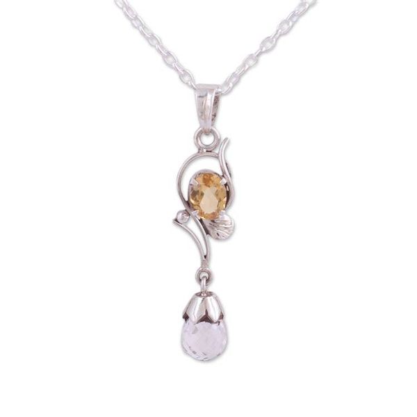 Alternate image for Leaf Motif Crystal and Citrine Pendant Necklace from India Golden Sunshine