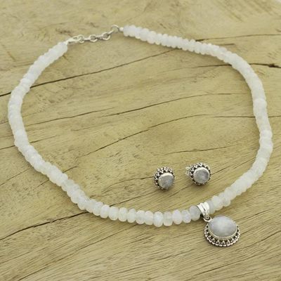 Alternate image for Moonstone Jewelry Set Sterling Silver Necklace Earrings  Rainbow Moons