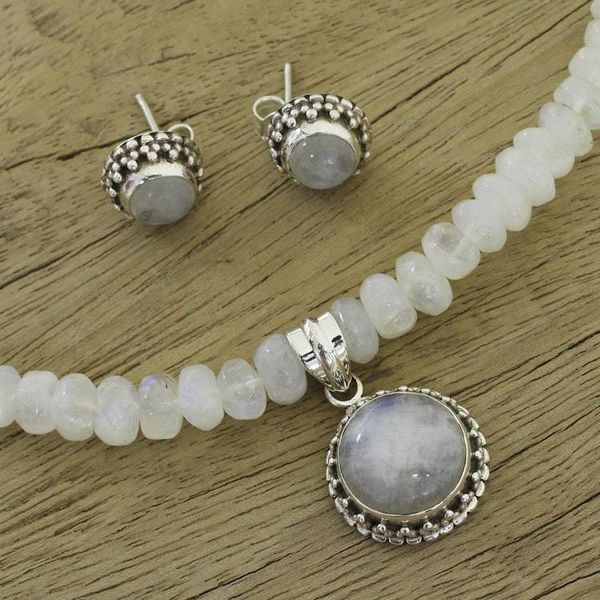 Alternate image for Moonstone Jewelry Set Sterling Silver Necklace Earrings  Rainbow Moons