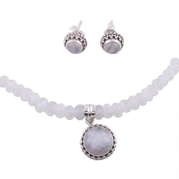 Alternate image for Moonstone Jewelry Set Sterling Silver Necklace Earrings  Rainbow Moons