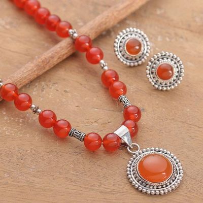 Main image for Sun-Themed Carnelian Gem Necklace and Earrings Jewelry Set Fiery Sun