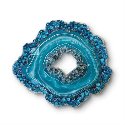 Primary image for Turquoise Resin Geode Freeform Sculpture Painting | Aura Quartz Teal Blue Green Ocean Coastal Irregular Agate Original Signed Art 18 New