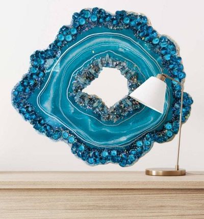 Alternate image for Turquoise Resin Geode Freeform Sculpture Painting | Aura Quartz Teal Blue Green Ocean Coastal Irregular Agate Original Signed Art 18 New