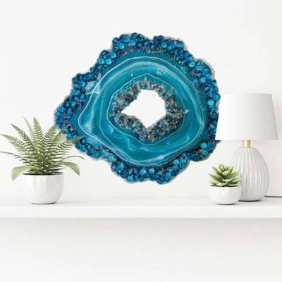 Alternate image for Turquoise Resin Geode Freeform Sculpture Painting | Aura Quartz Teal Blue Green Ocean Coastal Irregular Agate Original Signed Art 18 New