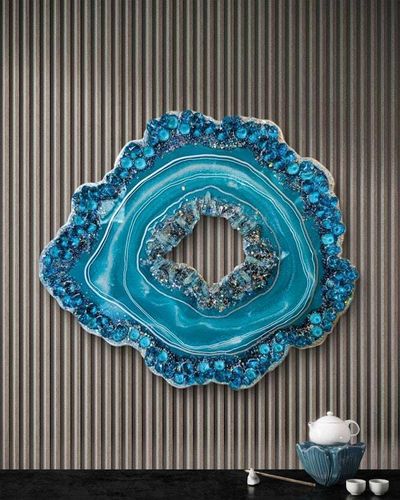 Alternate image for Turquoise Resin Geode Freeform Sculpture Painting | Aura Quartz Teal Blue Green Ocean Coastal Irregular Agate Original Signed Art 18 New