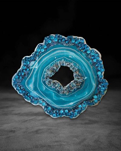 Alternate image for Turquoise Resin Geode Freeform Sculpture Painting | Aura Quartz Teal Blue Green Ocean Coastal Irregular Agate Original Signed Art 18 New