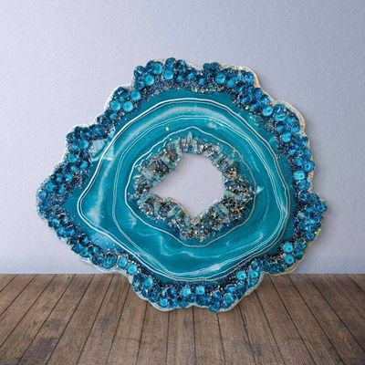 Alternate image for Turquoise Resin Geode Freeform Sculpture Painting | Aura Quartz Teal Blue Green Ocean Coastal Irregular Agate Original Signed Art 18 New