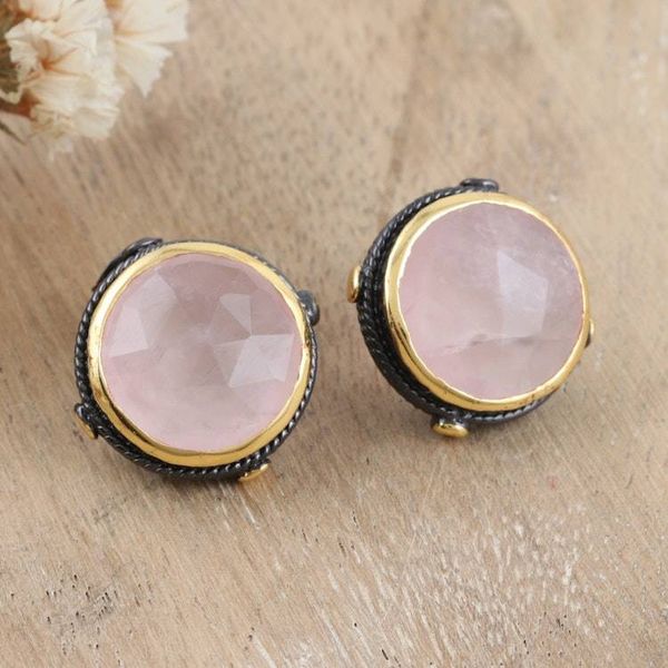 Alternate image for 18k Gold-Accented Button Earrings with Natural Rose Quartz Love Mirrors
