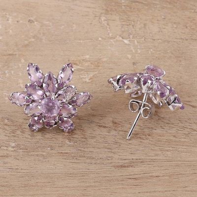 Alternate image for 13.5-Carat Rhodium Plated Amethyst Button Earrings Purple Burst