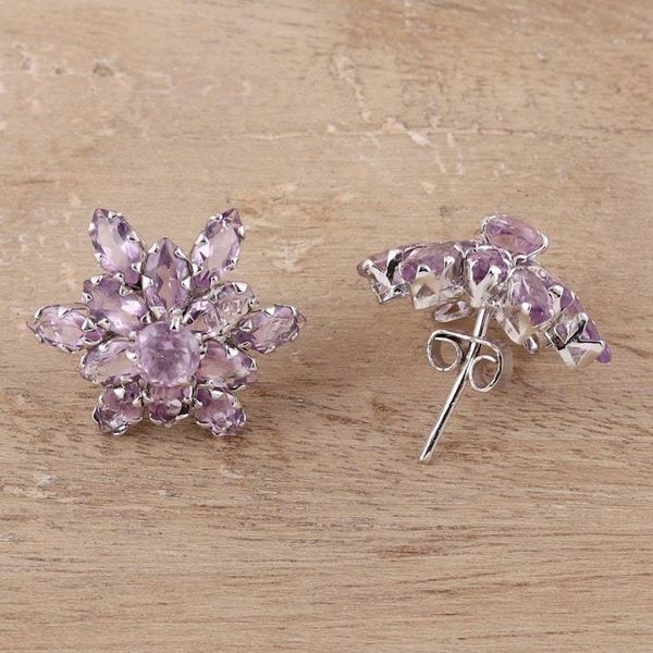 Alternate image for 13.5-Carat Rhodium Plated Amethyst Button Earrings Purple Burst