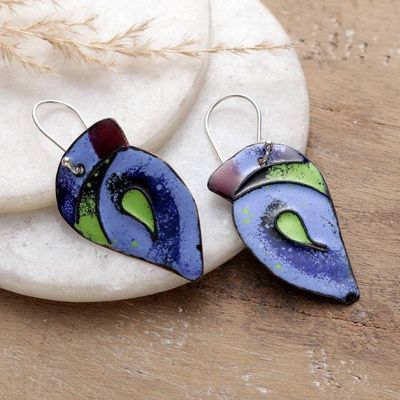Primary image for Blue Bird-Themed Vitreous Enamel on Copper Dangle Earrings Bird Splendor