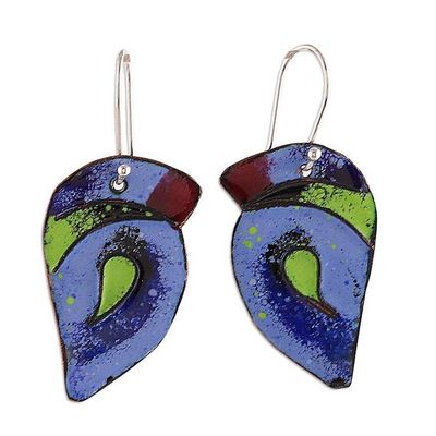 Alternate image for Blue Bird-Themed Vitreous Enamel on Copper Dangle Earrings Bird Splendor