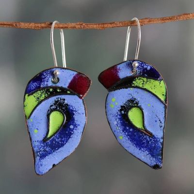 Alternate image for Blue Bird-Themed Vitreous Enamel on Copper Dangle Earrings Bird Splendor