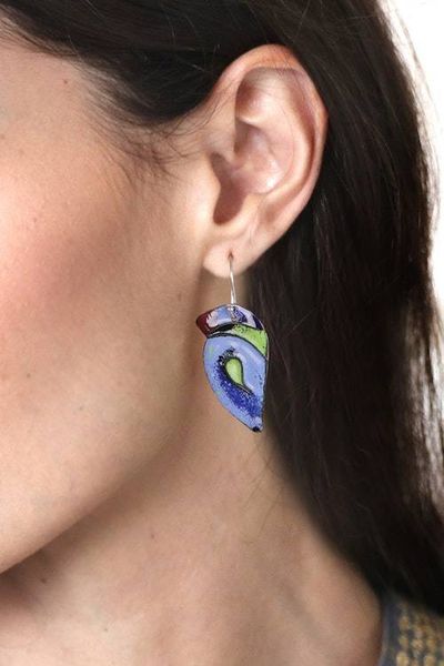 Alternate image for Blue Bird-Themed Vitreous Enamel on Copper Dangle Earrings Bird Splendor