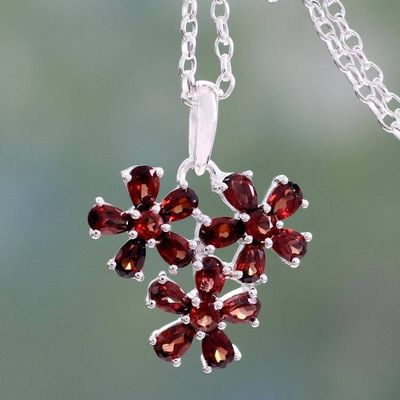 Alternate image for Garnet Flower Pendant Necklace in Rhodium Plated Silver Bouquet of Passion