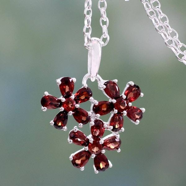 Alternate image for Garnet Flower Pendant Necklace in Rhodium Plated Silver Bouquet of Passion