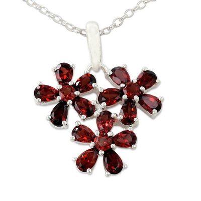 Alternate image for Garnet Flower Pendant Necklace in Rhodium Plated Silver Bouquet of Passion