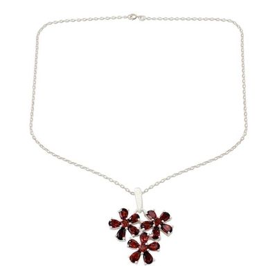 Alternate image for Garnet Flower Pendant Necklace in Rhodium Plated Silver Bouquet of Passion