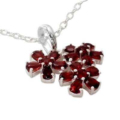 Alternate image for Garnet Flower Pendant Necklace in Rhodium Plated Silver Bouquet of Passion