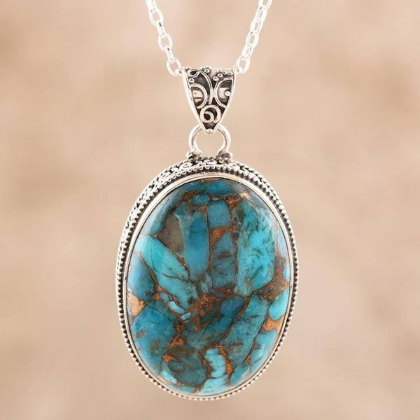 Alternate image for Composite Turquoise and Sterling Silver Pendant Necklace Classic Oval