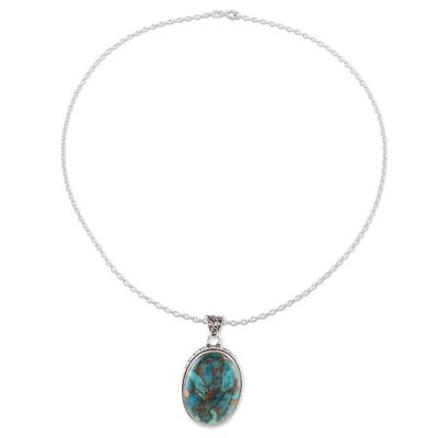 Alternate image for Composite Turquoise and Sterling Silver Pendant Necklace Classic Oval