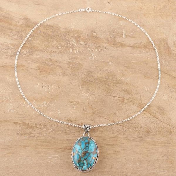 Alternate image for Composite Turquoise and Sterling Silver Pendant Necklace Classic Oval