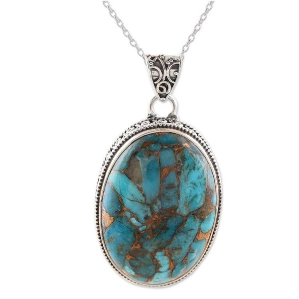 Alternate image for Composite Turquoise and Sterling Silver Pendant Necklace Classic Oval