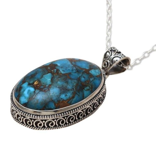 Alternate image for Composite Turquoise and Sterling Silver Pendant Necklace Classic Oval
