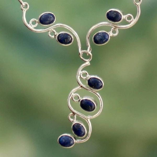 Alternate image for Handmade Sterling Silver Y Necklace with Lapis Lazuli  Lotus Buds