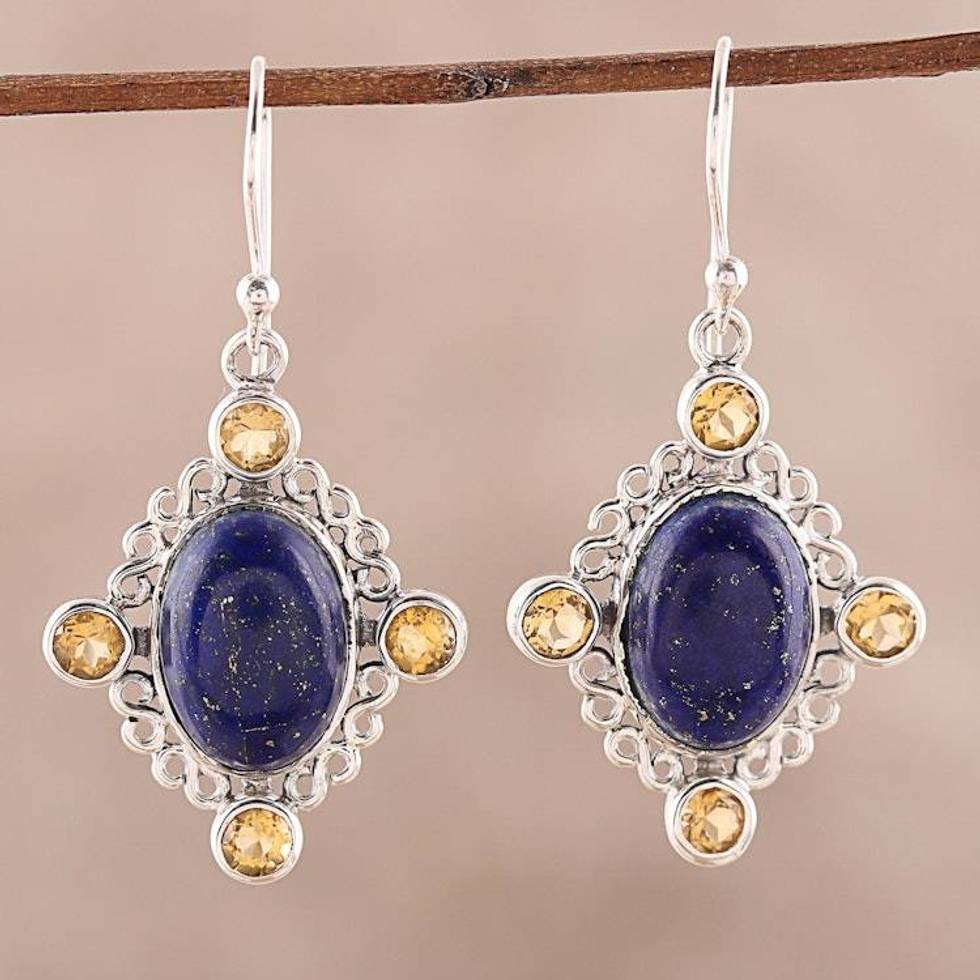 Lapis Lazuli and Citrine Dangle Earrings from India 'Royal Frame'